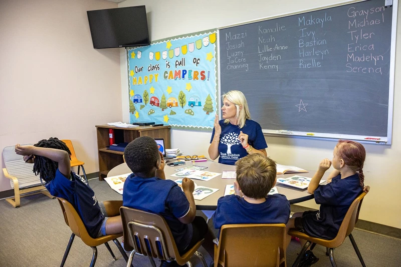 Children listening to teacher in a church classroom